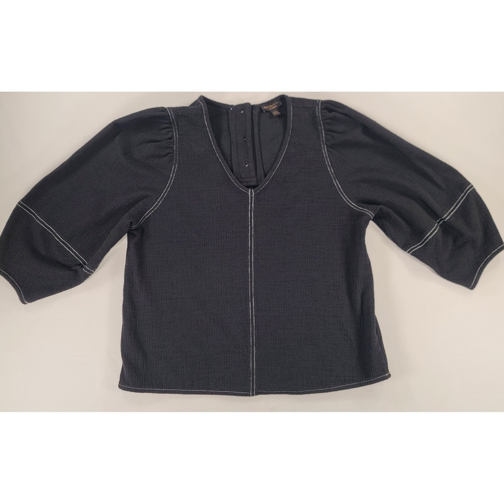 Current Air Black Textured Blouse‎ Puff Sleeve Contrast Stitch Top Size S